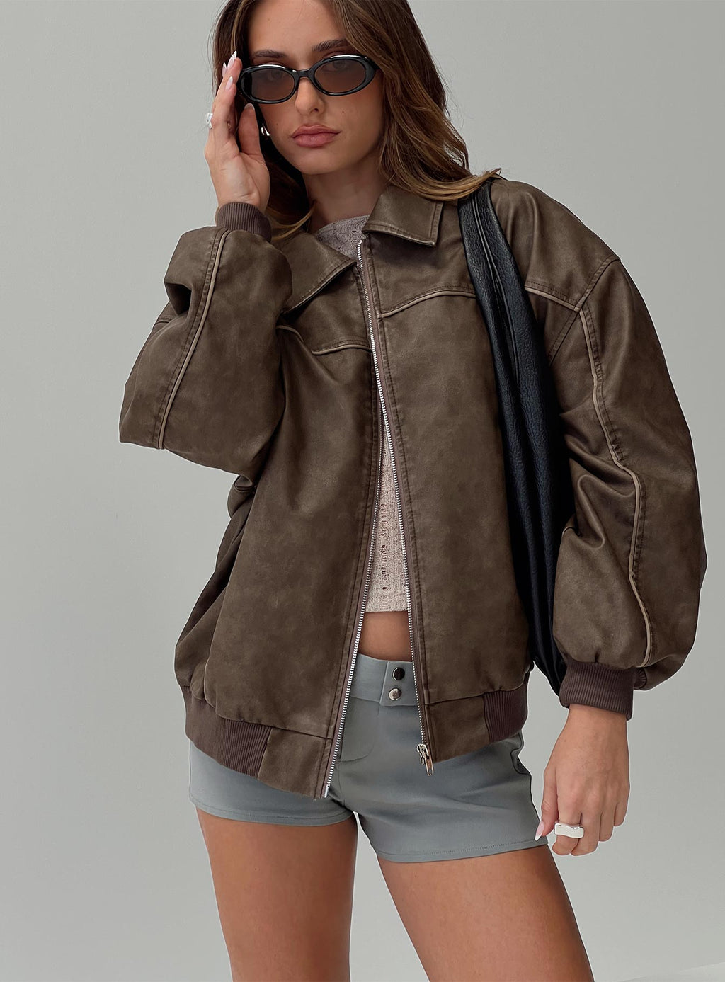 Goldsmith Faux Leather Bomber Jacket Washed Dark Brown