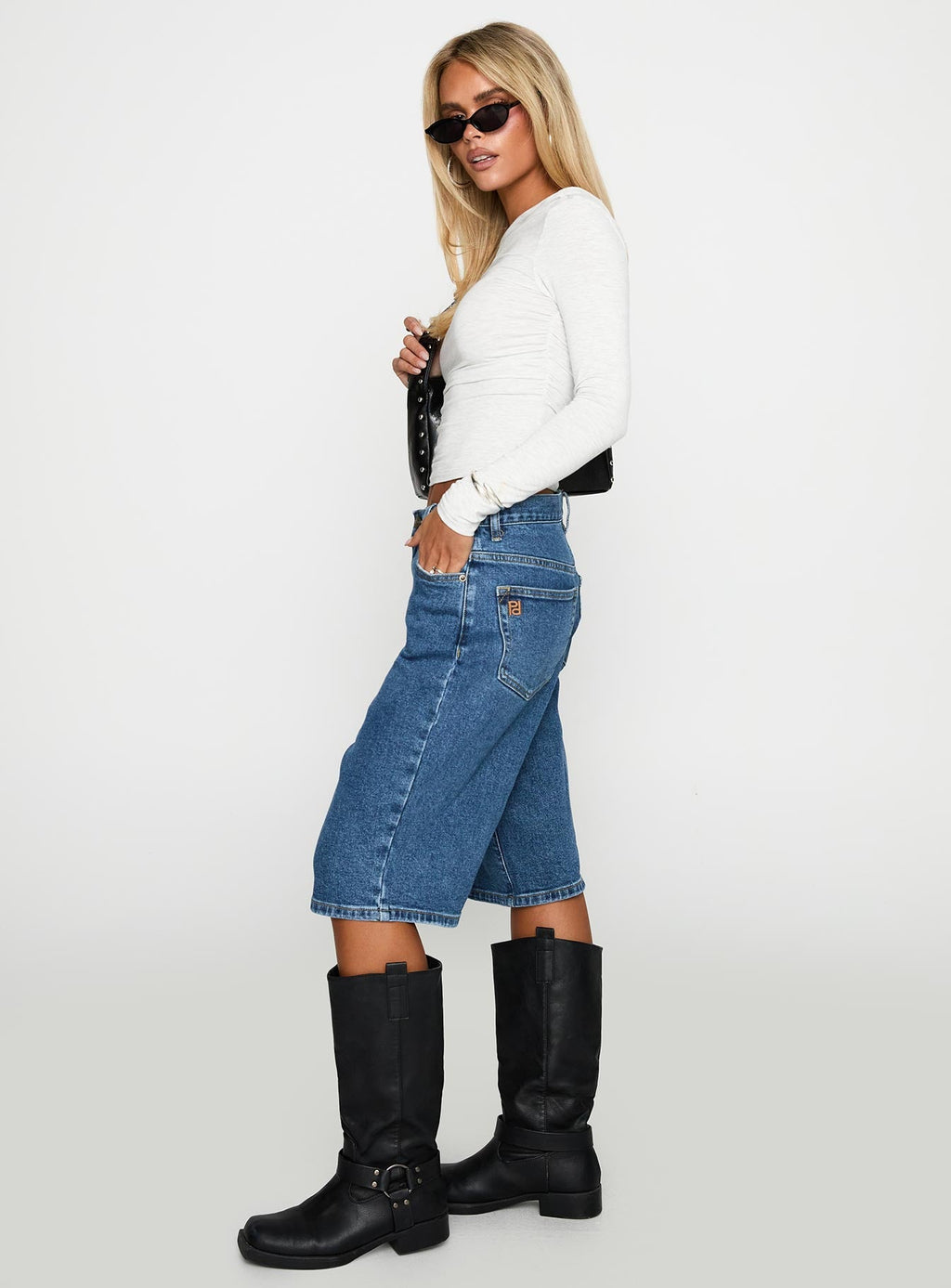 Retro Dream Mid Rise Longline Denim Shorts Mid Wash