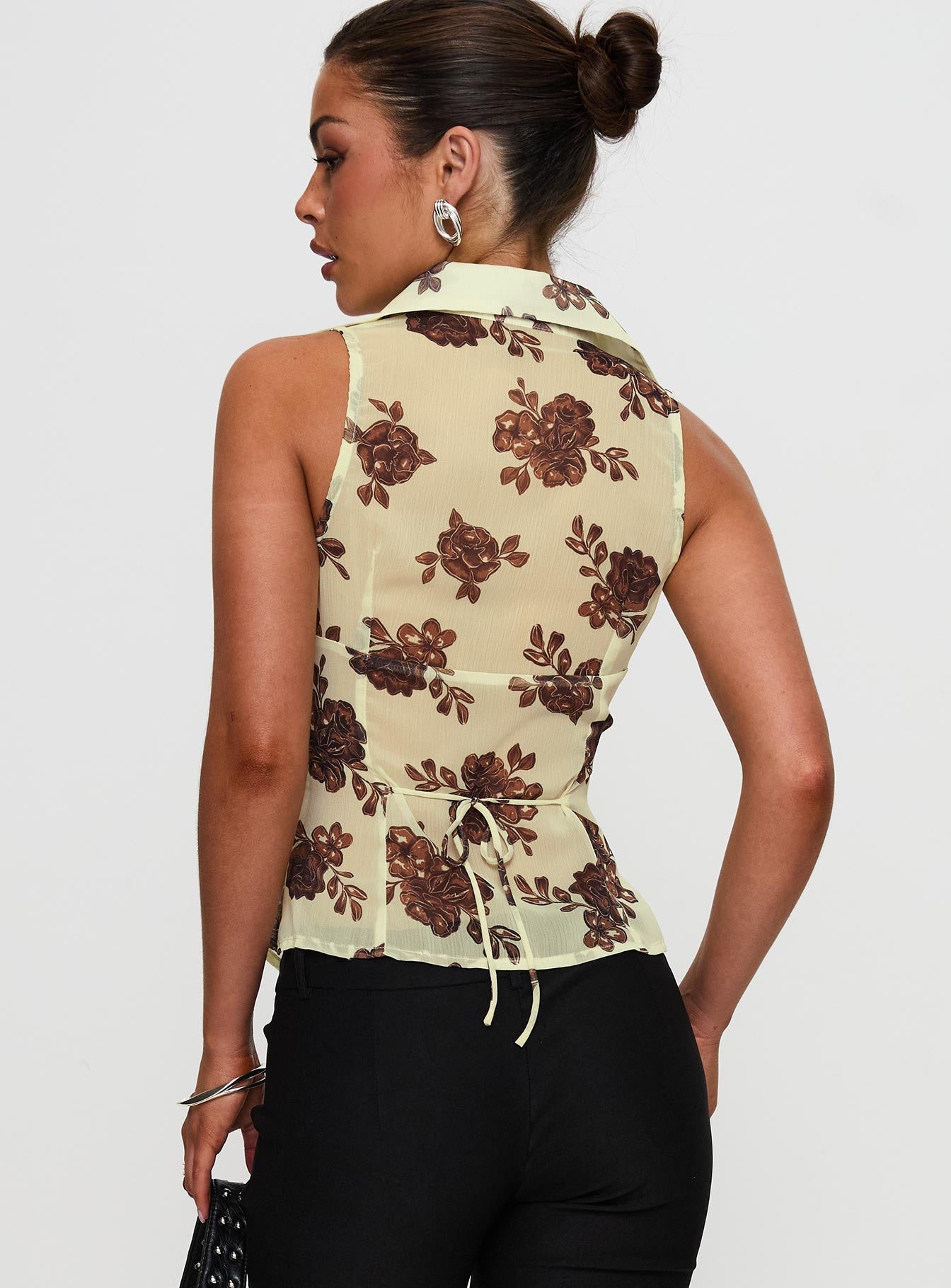 Present Tense Sheer Ruched Top Yellow Floral